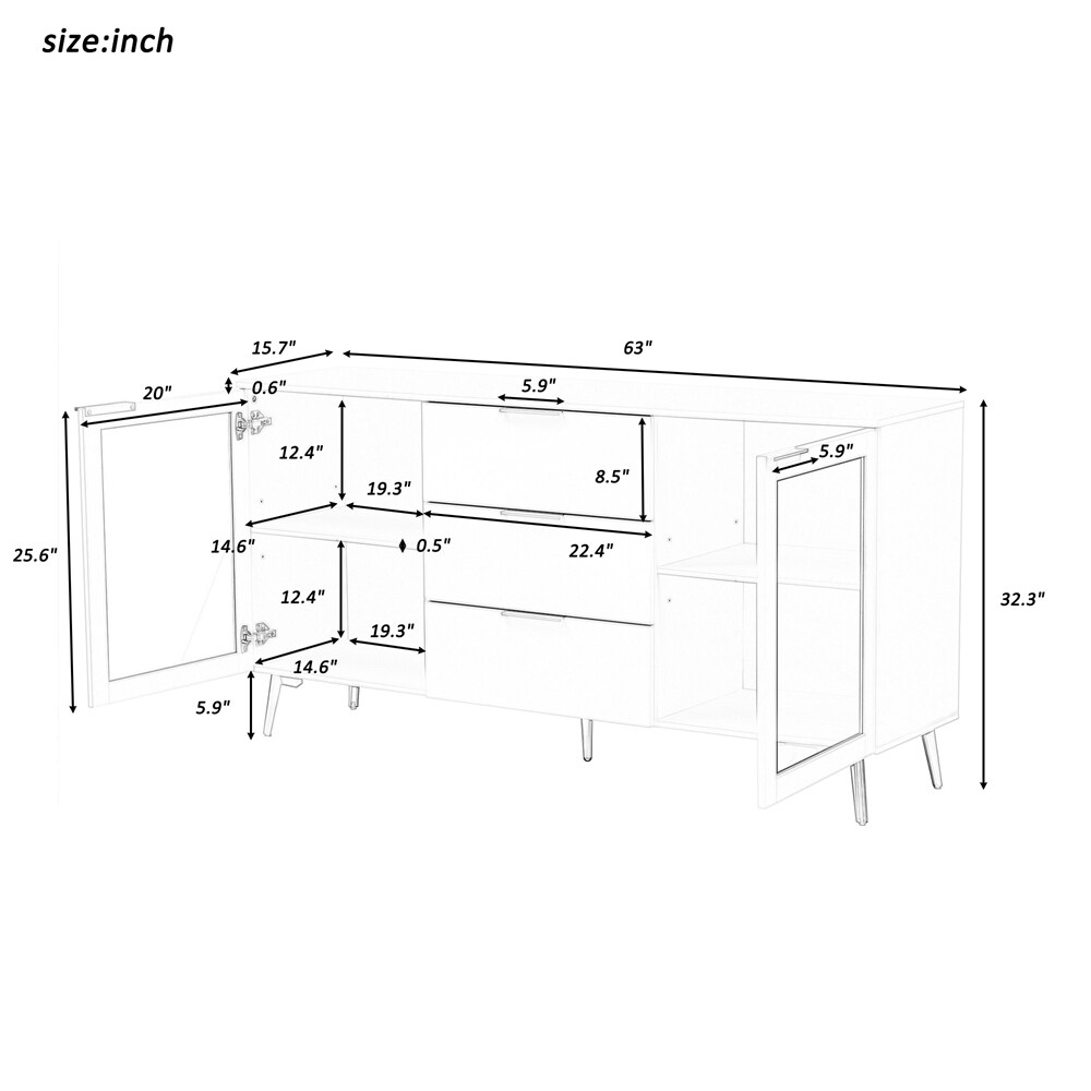 Featured Two door Storage Cabinet with Three Drawers and Metal Handles