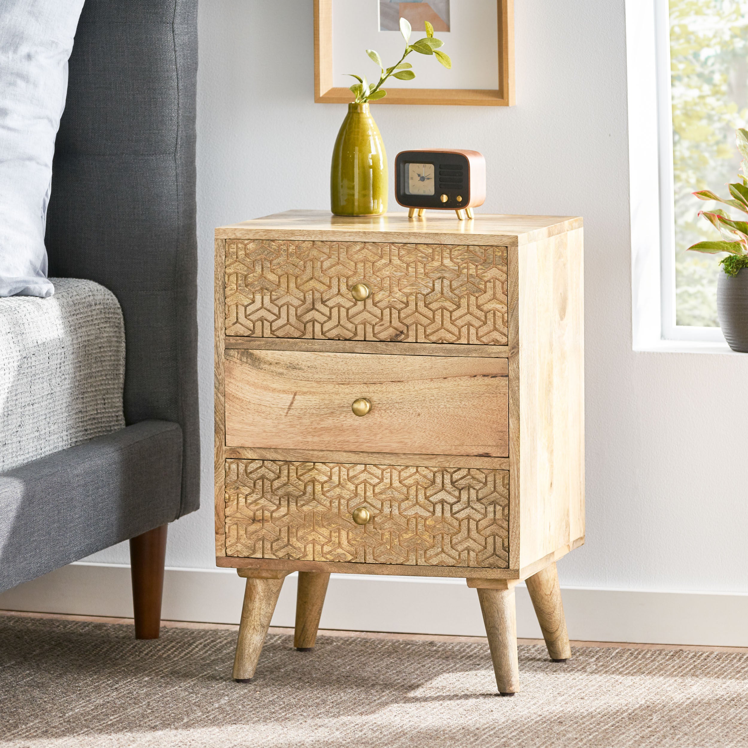 Stowe Boho Handcrafted Mango Wood 3 Drawer Nightstand, Natural