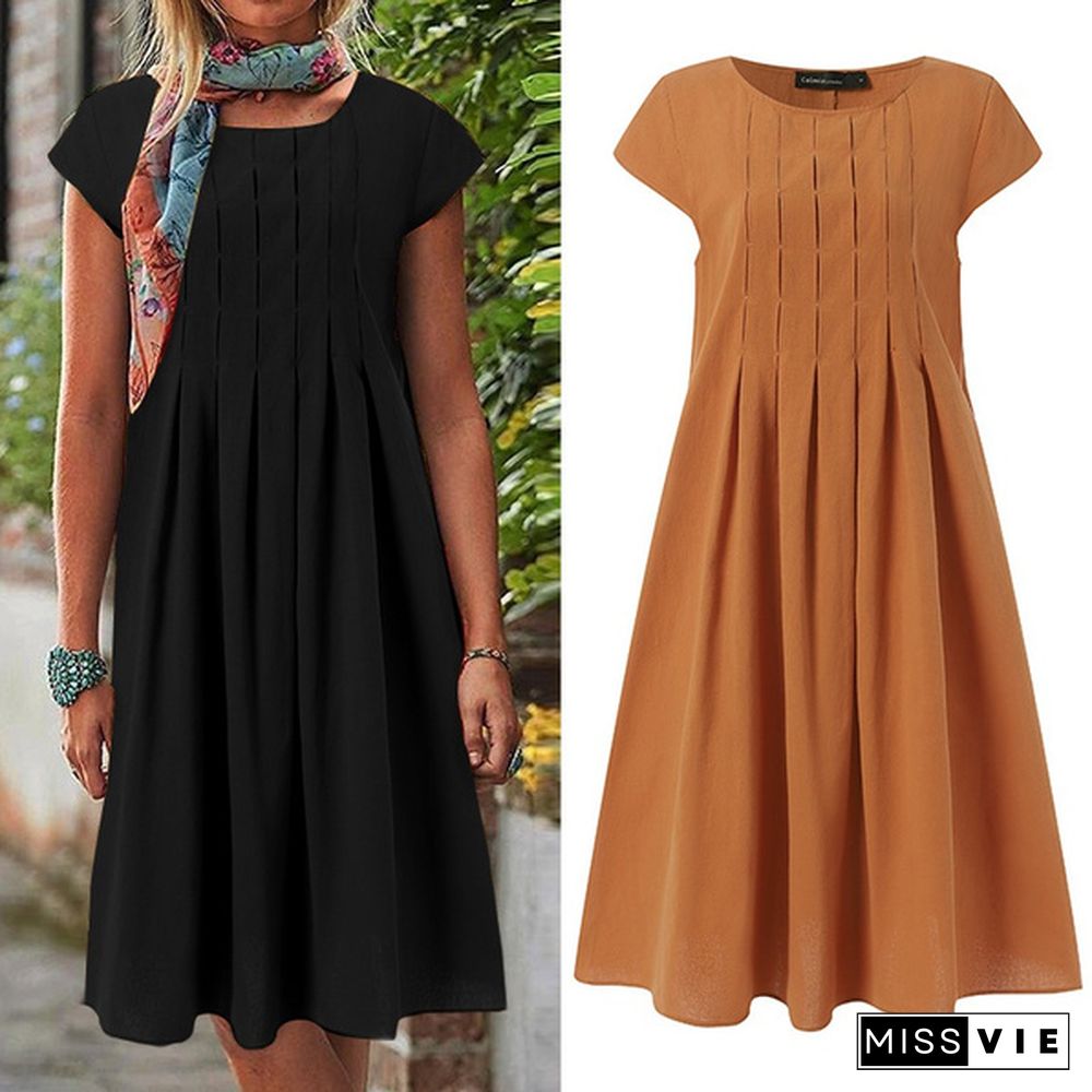 Summer Women Pleated Long Dress Cotton Short Sleeve Party Casual Loose A Line Midi Dress Plus Size