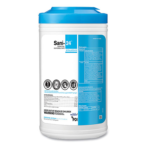 Sani Professional Sani-24 Germicidal Disposable Wipes | Extra-Large， 7 x 12， Unscented， White， 65