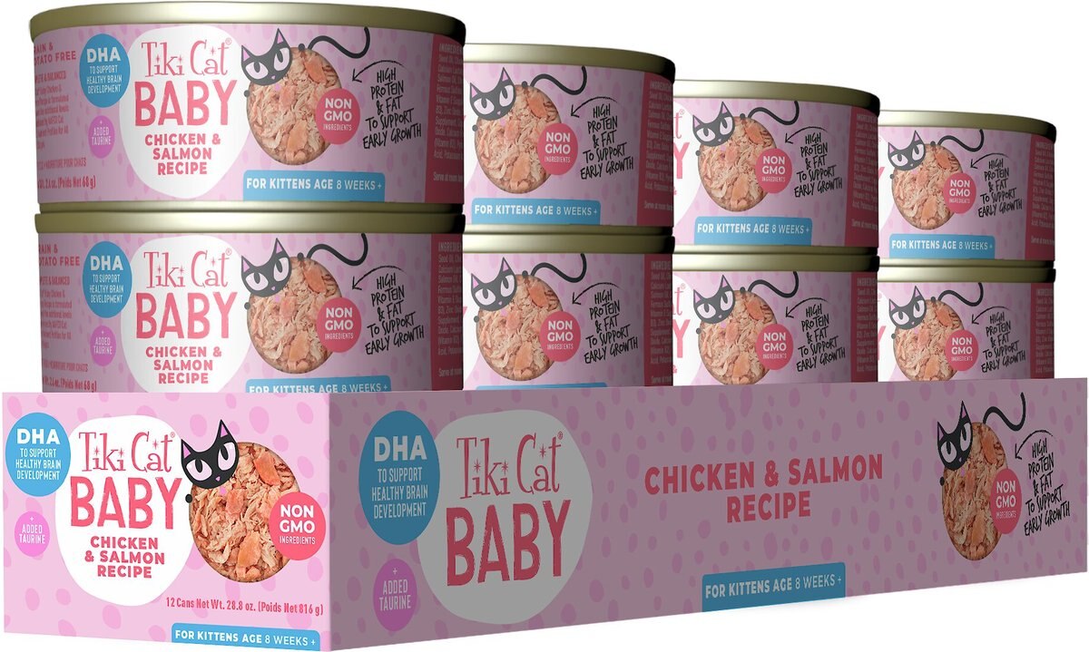 Tiki Cat Baby Grain-Free Chicken and Salmon Recipe Wet Cat Food， 2.4-oz can， case of 12