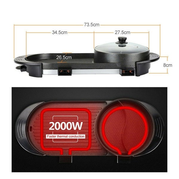 2 in 1 Portable Electric Hot Pot Barbecue Grill Non-Stick Teppanyaki Pan