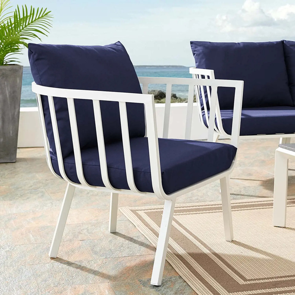 Coastal Patio Lounge Chair  Aluminum Frame With Curved Slat Back  ampNavy Cushion   Contemporary   Outdoor Lounge Chairs   by Decor Love  Houzz