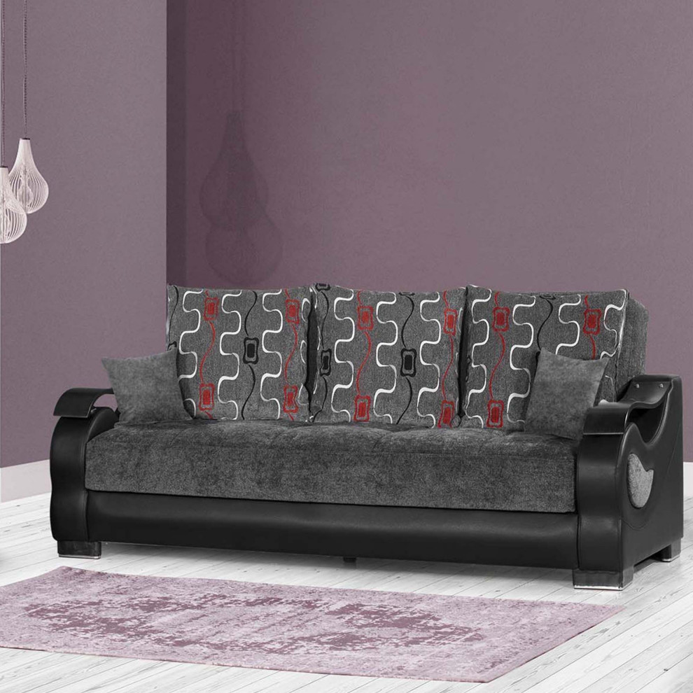 Unique Sleeper Sofa  Padded Chenille Seat  ampCurved Wooden Armrests   Contemporary   Sleeper Sofas   by Decorn  Houzz