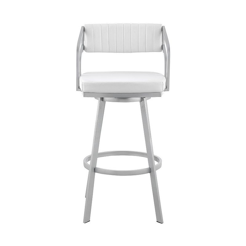 Lyla 30 Inch Metal Bar Stool， Swivel， Vegan Faux Leather， White， Silver