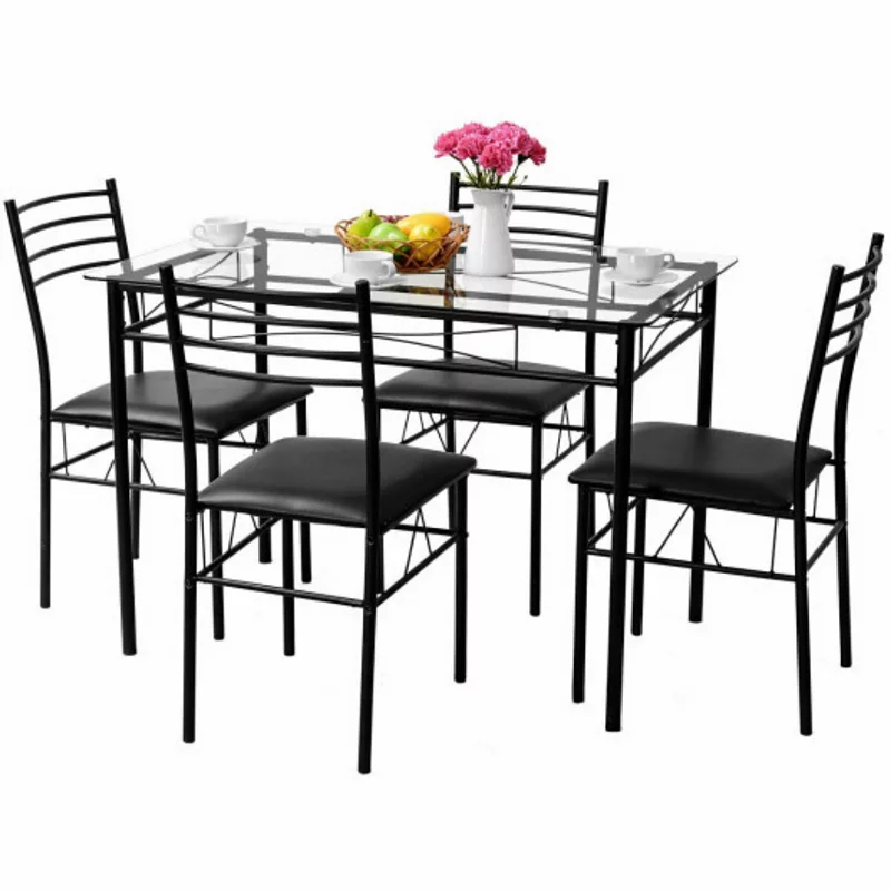 5 Pcs Dining Glass Top Table and 4 Upholstered Chairs