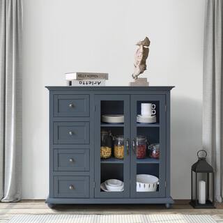 VEIKOUS Dark Grey Kitchen Cabinet Storage Sideboard with Glass Door and 4-Drawers HP0404-03GY-1