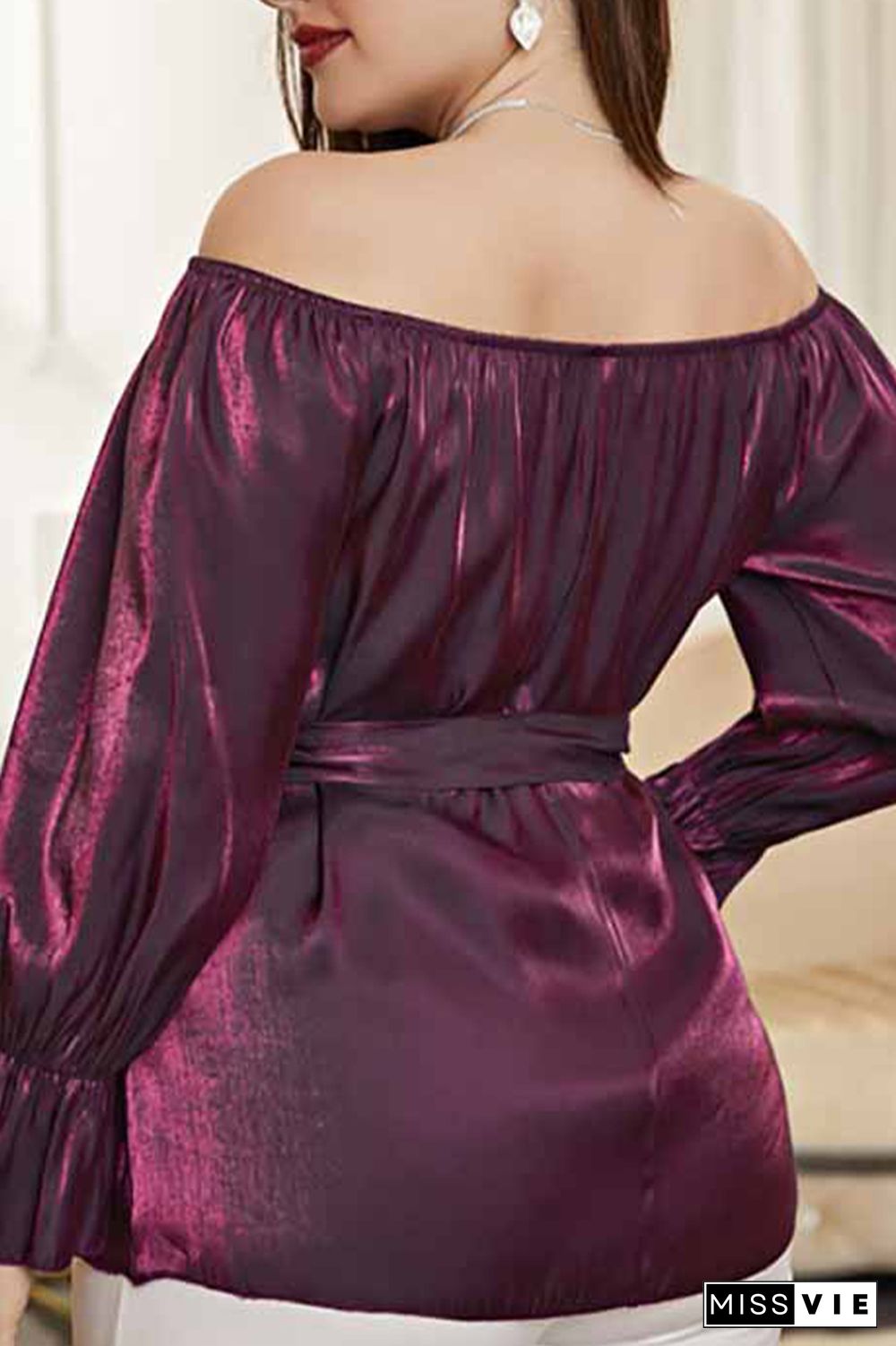 Off Shoulder Waistband Burgundy Plus Size Blouse Top Wholesale