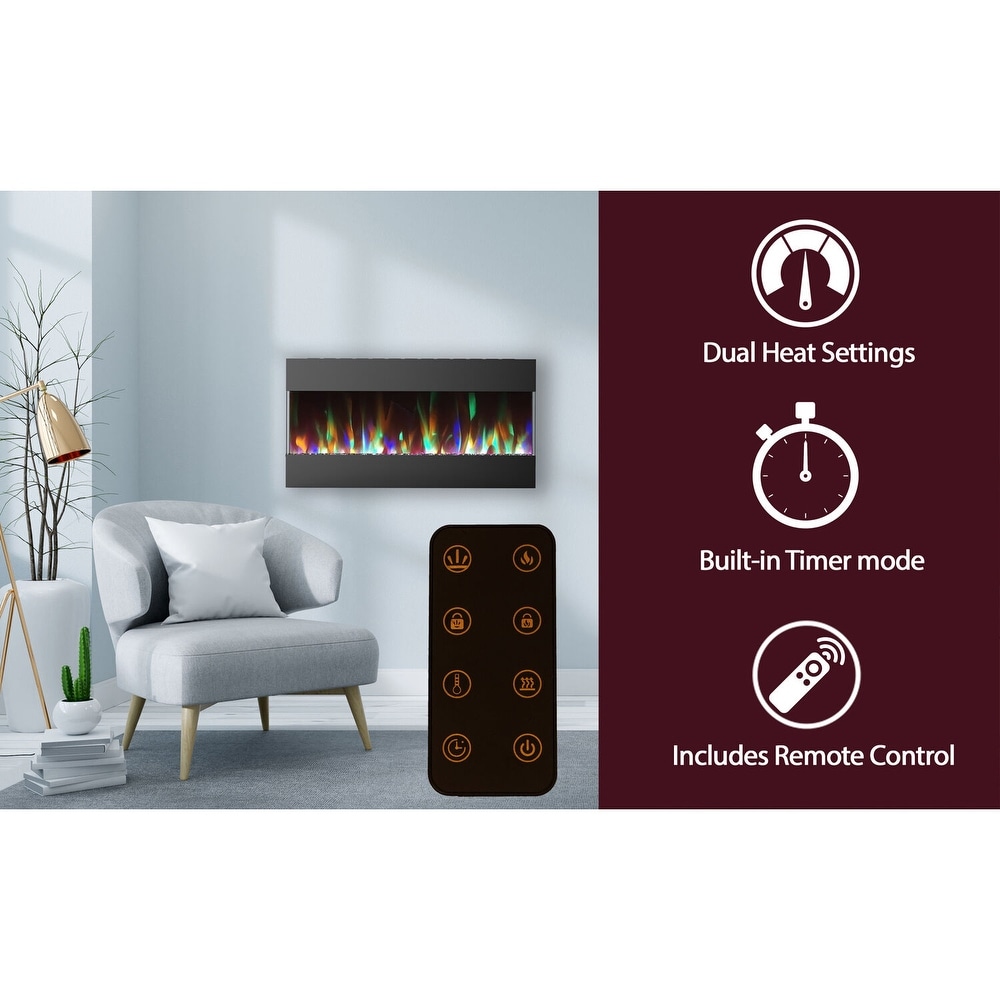 Cambridge 42 In. Recessed Wall Mounted Electric Fireplace with Crystal and LED Color Changing Display  Black