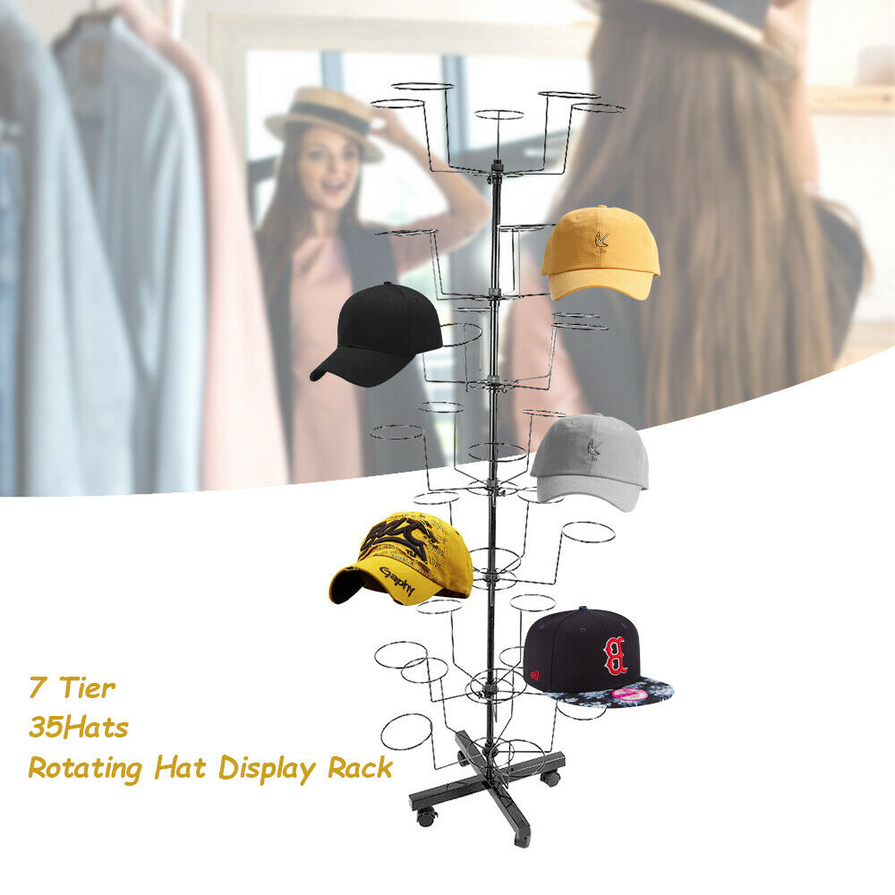 Miumaeov 7 Tier Rotating Hat Rack Stand w/ 35 Hook Modern Metal Freestanding Retail Stand