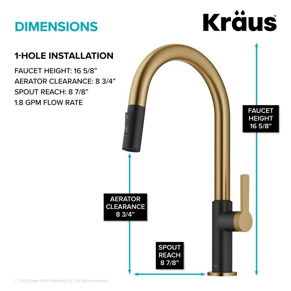 KRAUS Oletto Single Handle Pull-Down Kitchen Faucet in Brushed BrassMatte Black KPF-2820BBMB