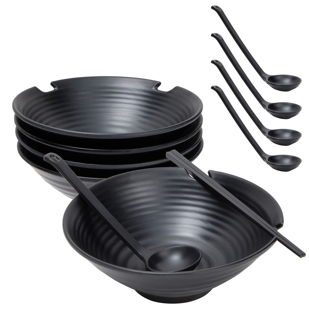 Set of 4 Black Plastic Soup Serving Bowls， Ramen Bowl with Spoons and Chopsticks for Noodles， 9 x 3 in.