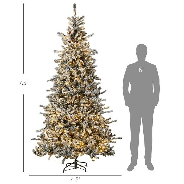 HOMCOM 7.5ft Tall Prelit Artificial Christmas Tree Holiday Décor with 1566 Snow Flocked Branches Green