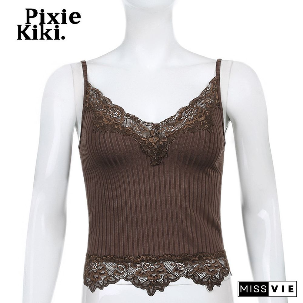 Pixiekiki Lace Patchwork Brown Crop Top Y2K Clothes Fairy Grunge Style Cropped Tees Cami Ribbed Knitted Tank Tops P67-Bb10