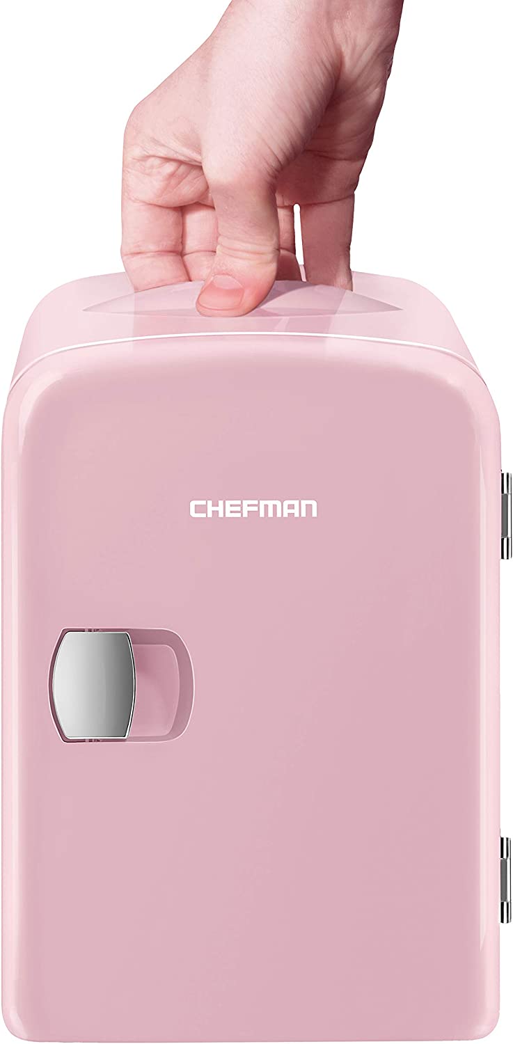 Chefman Mini Portable Pink Personal Fridge Cools Or Heats and Provides Compact Storage For Skincare， Snacks， Or 6 12oz Cans W/ A Lightweight 4-liter Capacity To Take On The Go