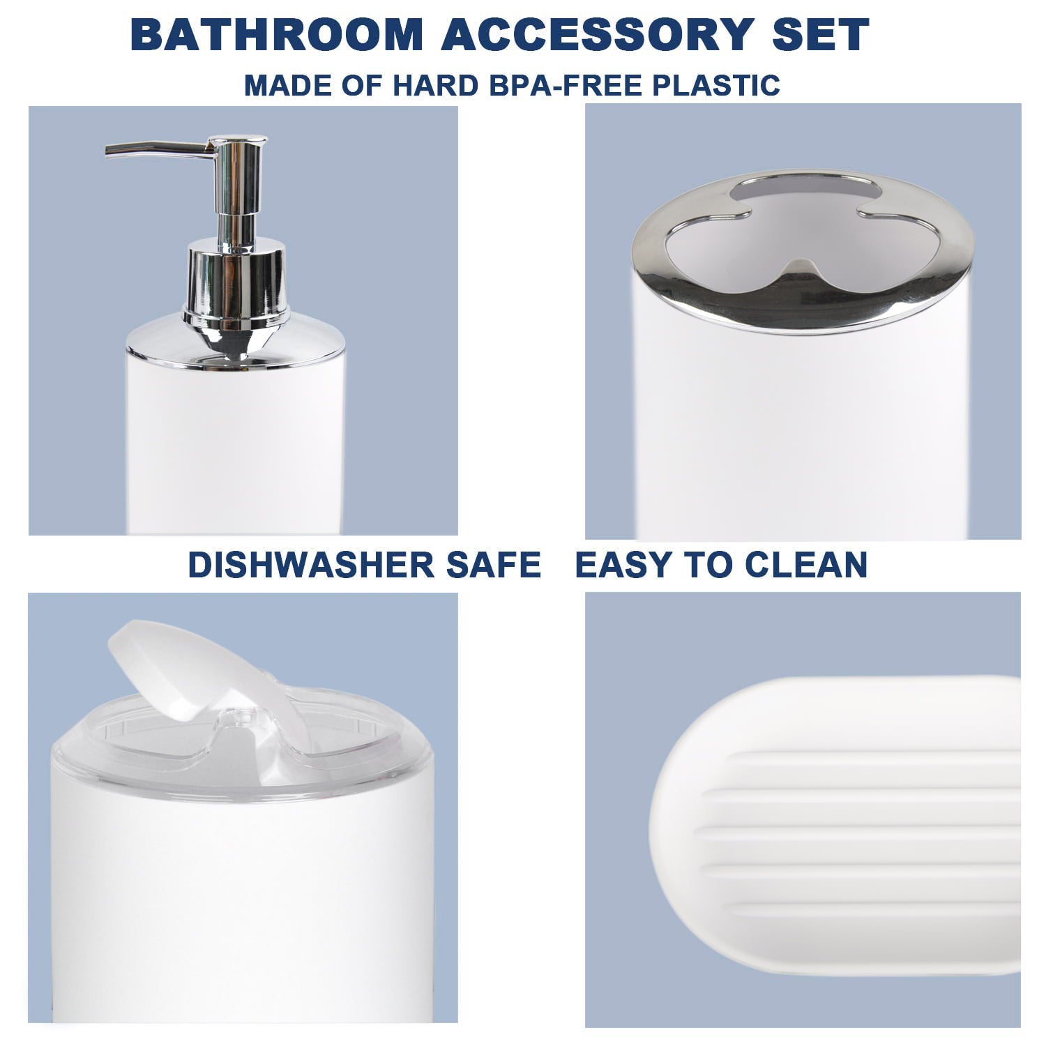 Bathroom Accessories Set 6 Piece Bath Ensemble with Smooth Surface Includes Soap Dispenser， Toothbrush Holder， Toothbrush Cup， Soap Dish for Decorative Countertop and Housewarming Gift， White