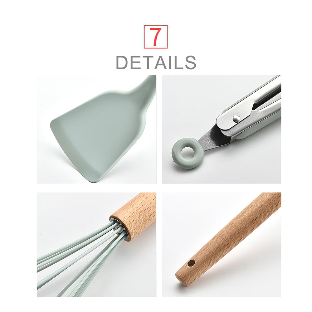 Walmeck Kitchen Utensils Set 11Pcs Silicone Non-stick Barreled Cooking Utensils Set Silica Gel Utensil Wooden Handle Kitchenware Set