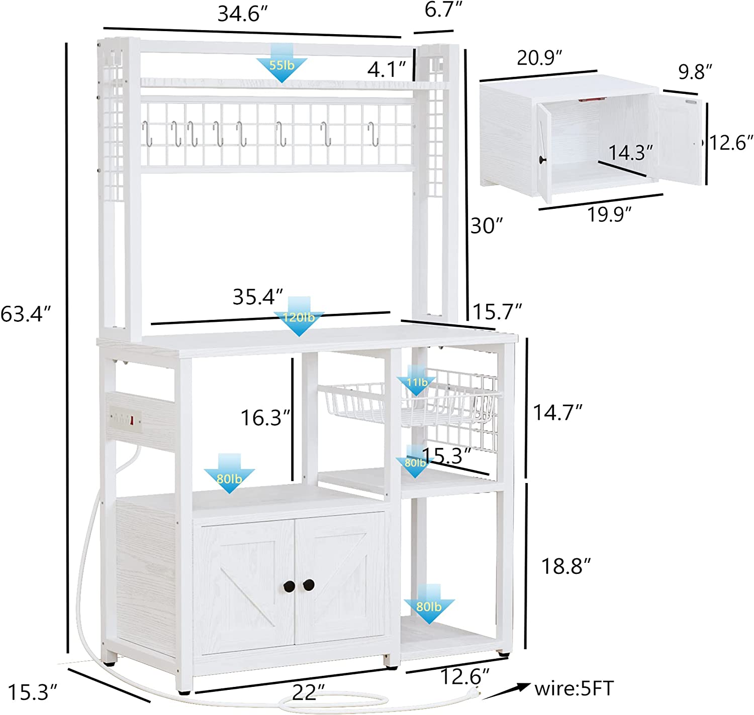 IRONCK Bakers Rack with Power Outlets， Microwave Stand  Kitchen Shelf with Cabinet for Kitchen， Industrial White，Wood and Metal