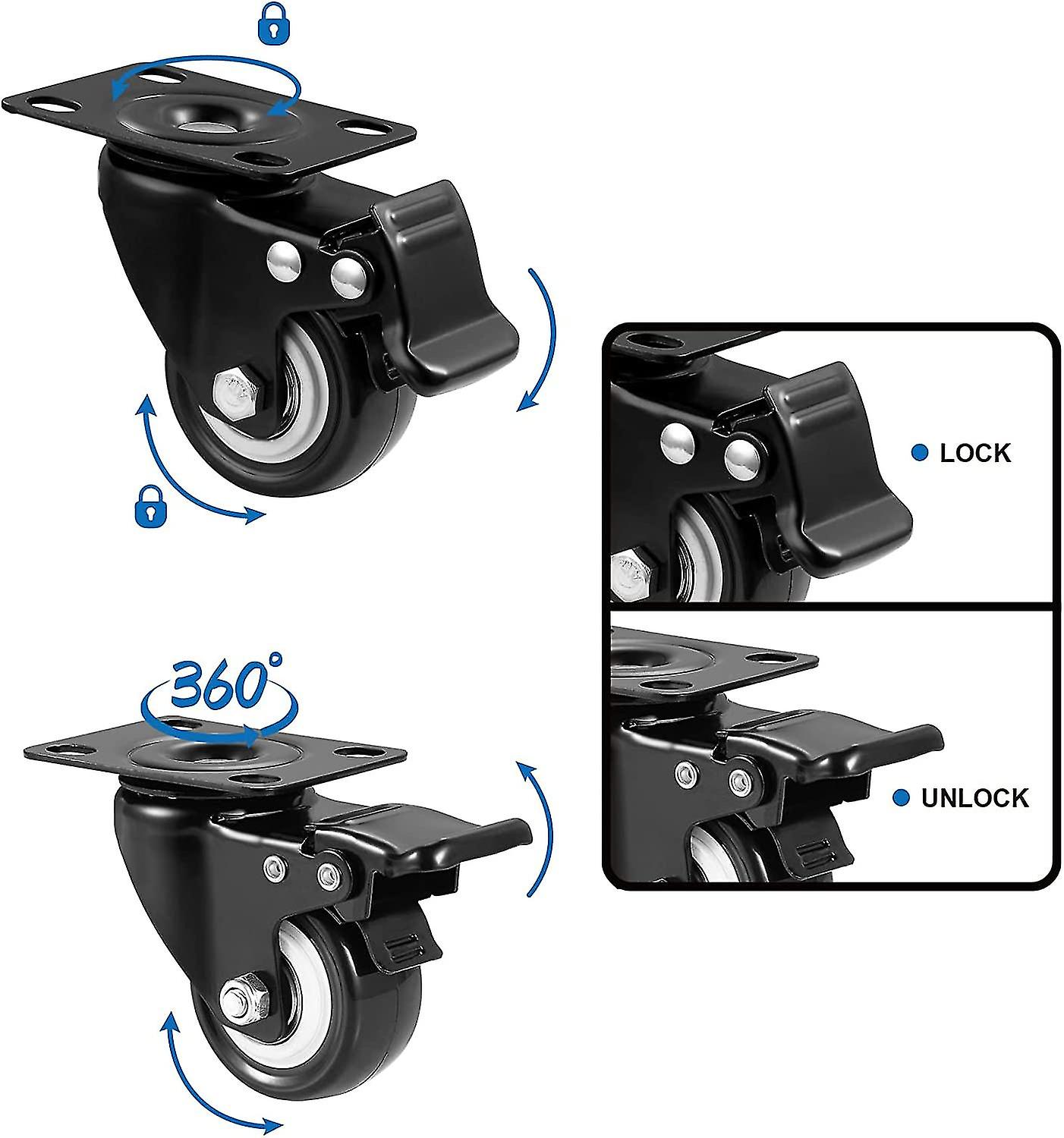 Casters， 50mm Casters， Swivel Casters With Brakes (plates) - Casters Set Of 4， Duty Casters And Wheels For Furniture， Non-mar Uret