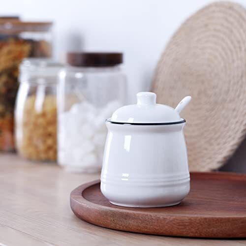 Porcelain Salt Bowl with Lid and Spoon，Ceramic Sugar Bowl 12oz (White)