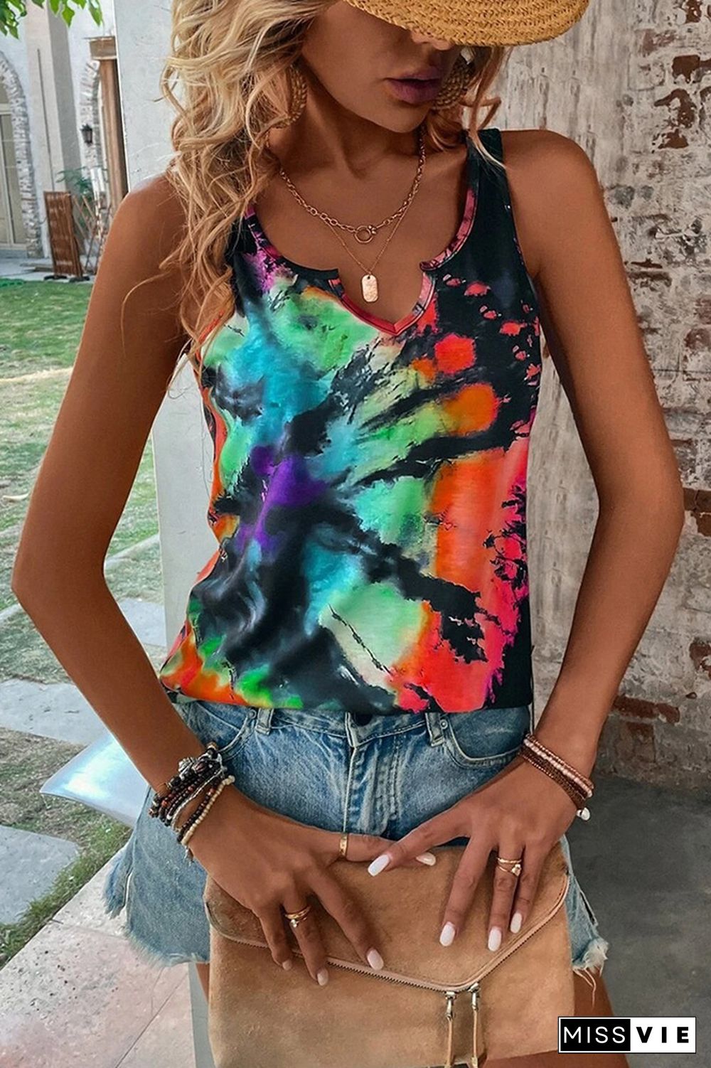 Split V Neck Tie Dye Tank Top