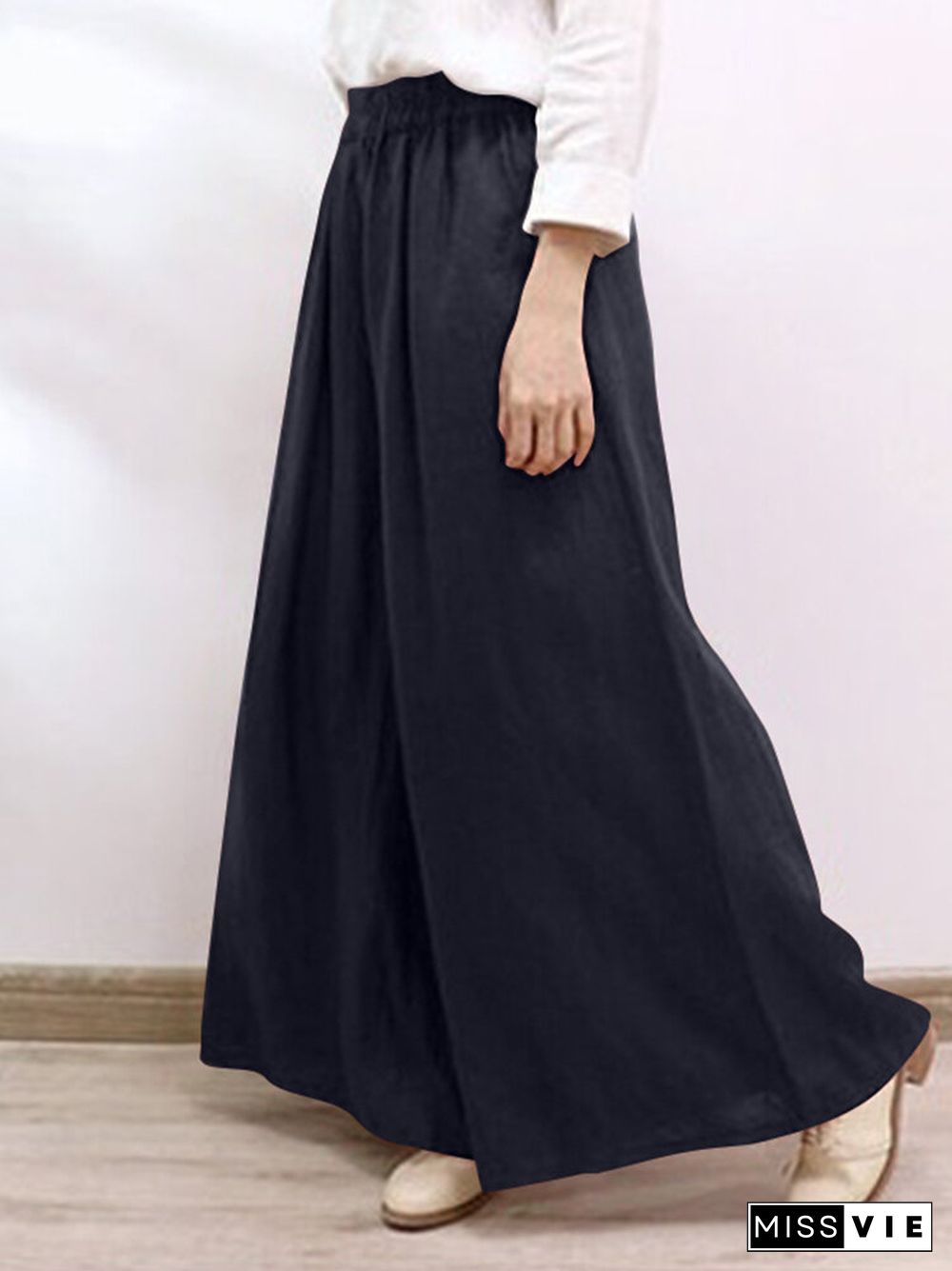 Solid Pocket Elastic Waist Wide Leg Casual Pants