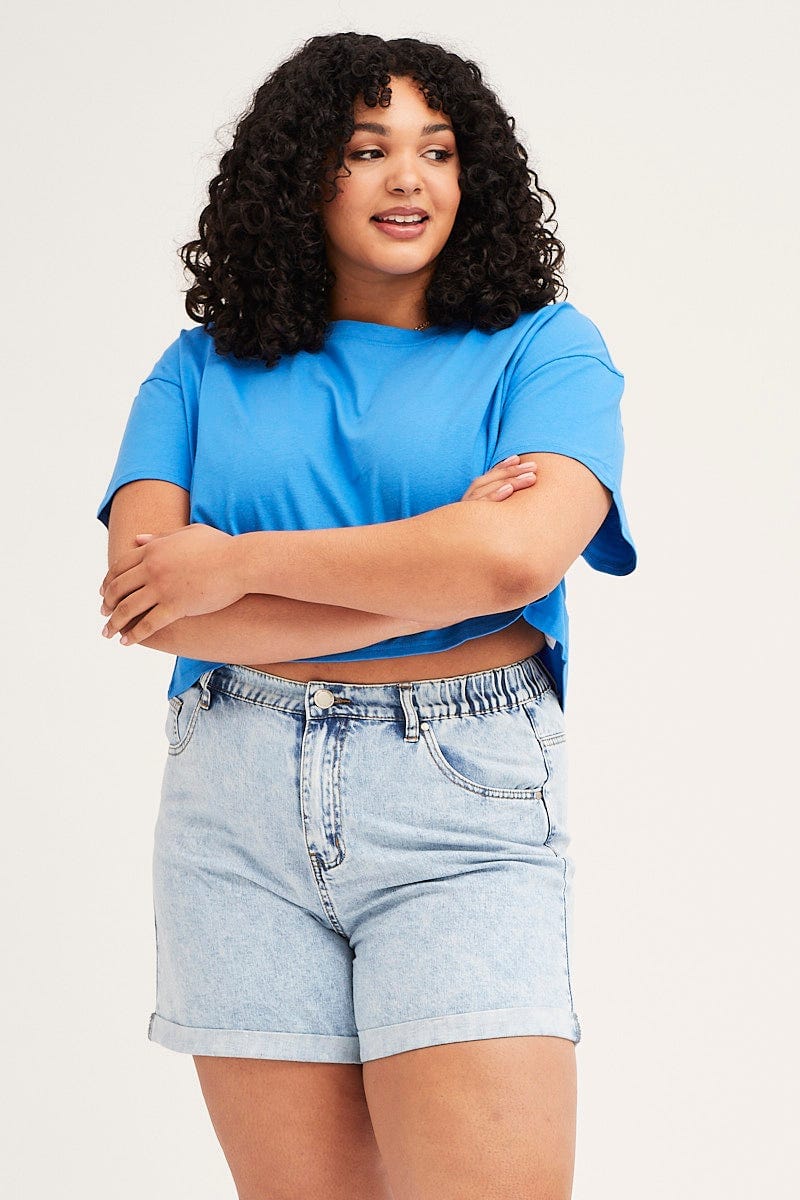 Blue Crew Neck Short Sleeve Semi Crop T-shirt
