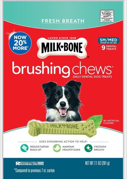 Milk-Bone Fresh Breath Brushing Chews Daily Dental Dog Treats， Small/Medium