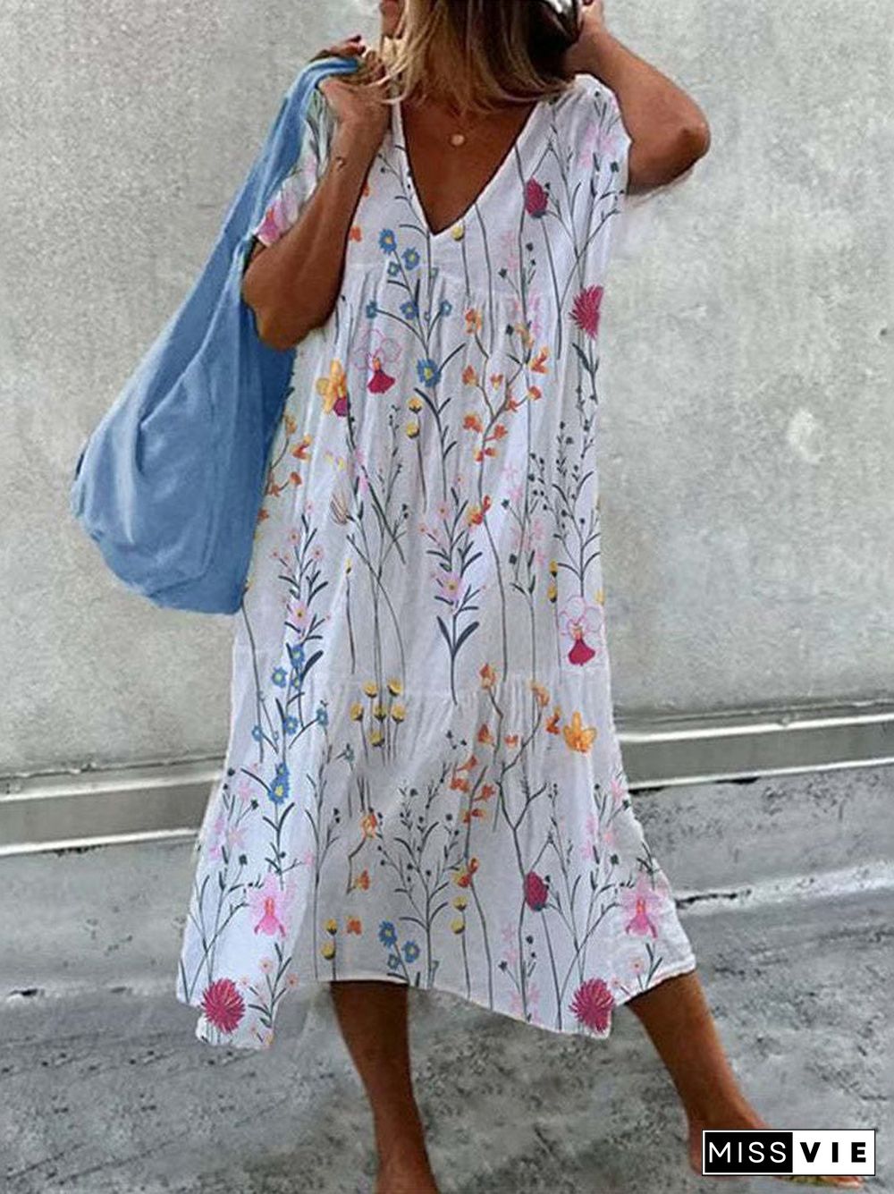 Women's Short Sleeve V-neck Floral Printed Maxi Dress