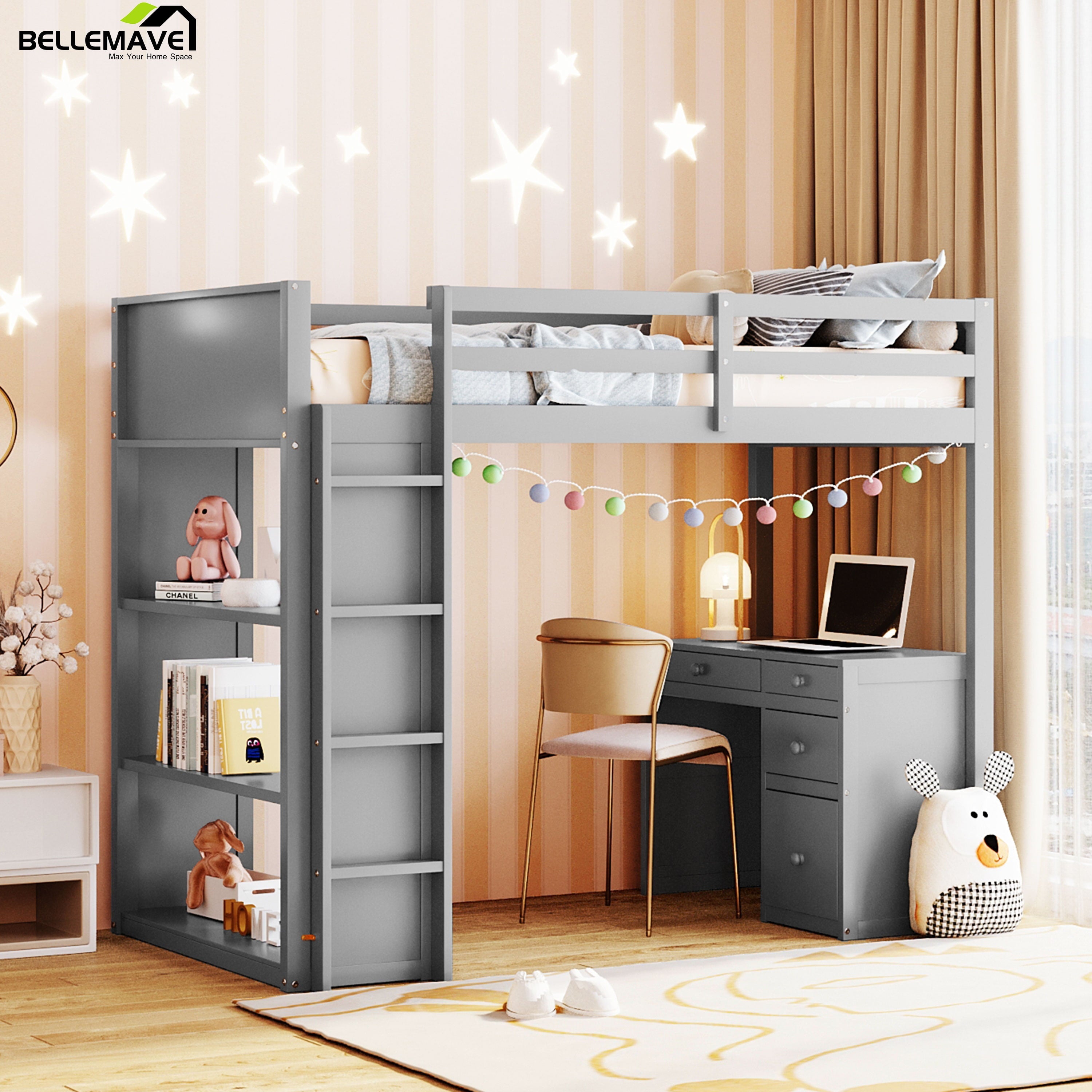 Bellemave Full Size Loft Bed with Desk and Shelves, Wood High Loft Bed Frame with Storage and Ladder, for Kids Teens Adults, Gray