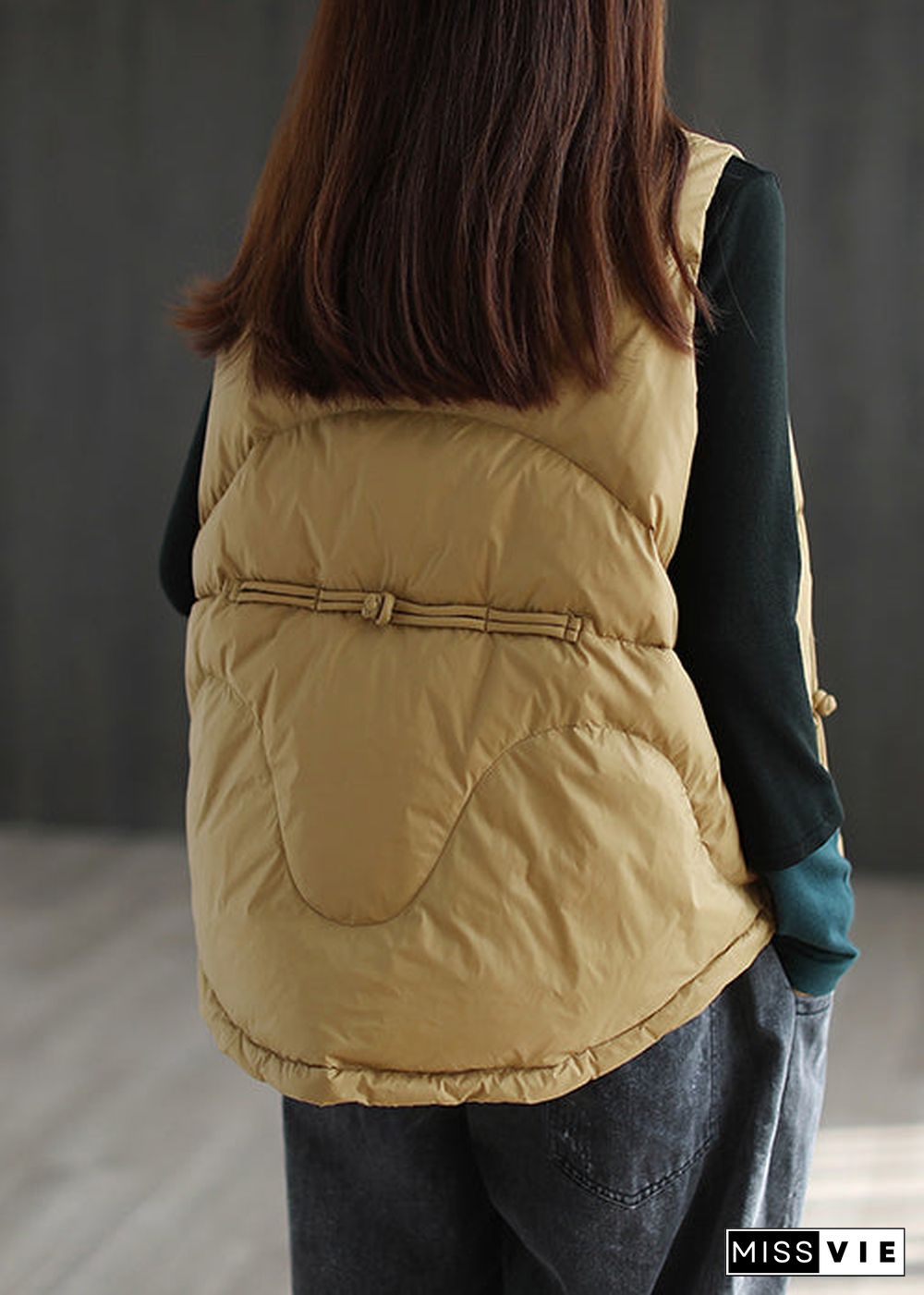 Loose Ginger Stand Collar Pockets Patchwork Duck Down Waistcoat Sleeveless