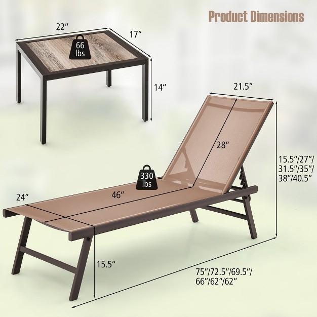 Tangkula 3pcs Patio Chaise Lounge Set Aluminum Recliner Chair Table Outdoor Adjust