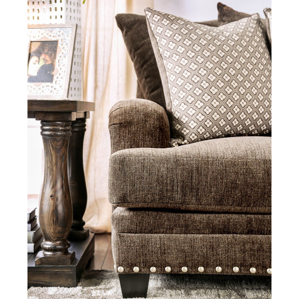 Vizi Transitional Chenille Upholstered Nailhead Trim Track Arms Sofa by Furniture of America