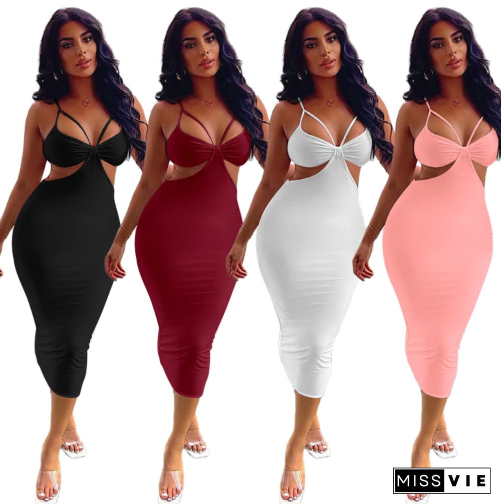 Summer Women Sexy Solid Color Spaghetti Strap V-Neck Hollow Out Backless Skinny Club Party Maxi Dress