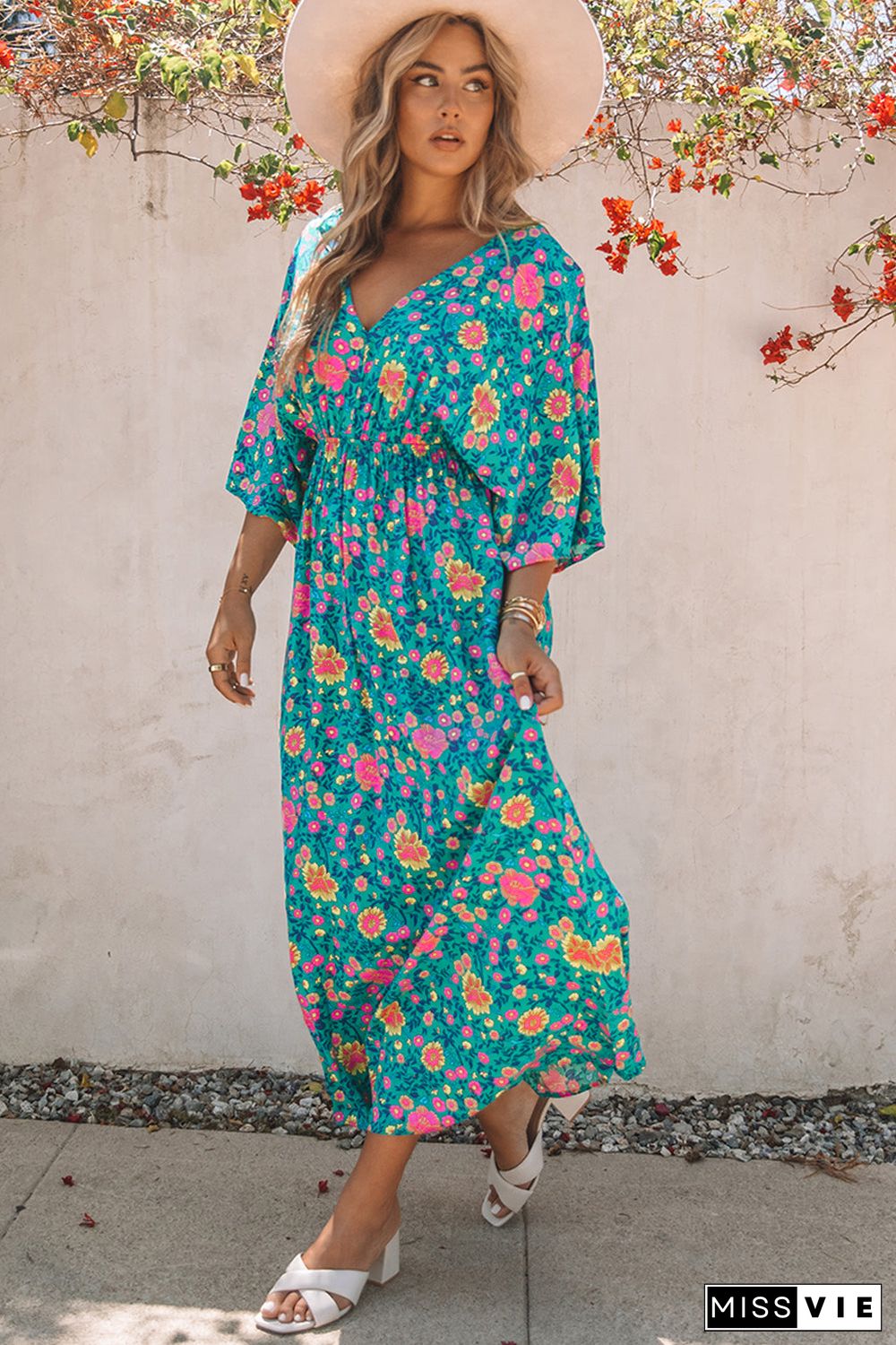 Green Boho Deep V Neck Floral Maxi Dress