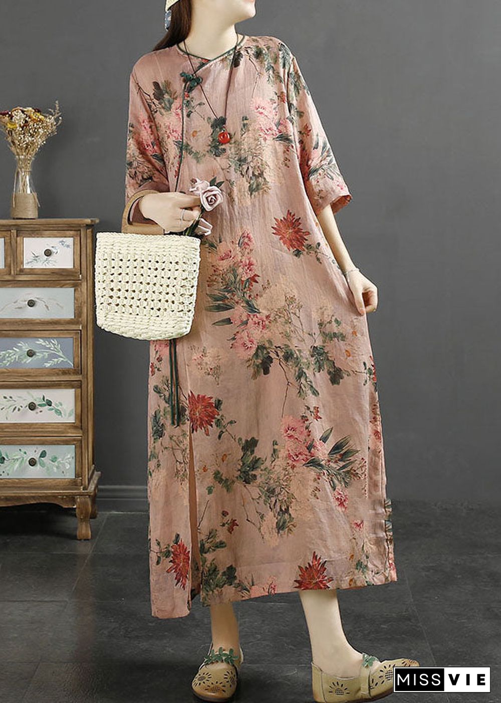 Vintage Pink Tasseled Print Patchwork Linen Dresses Summer