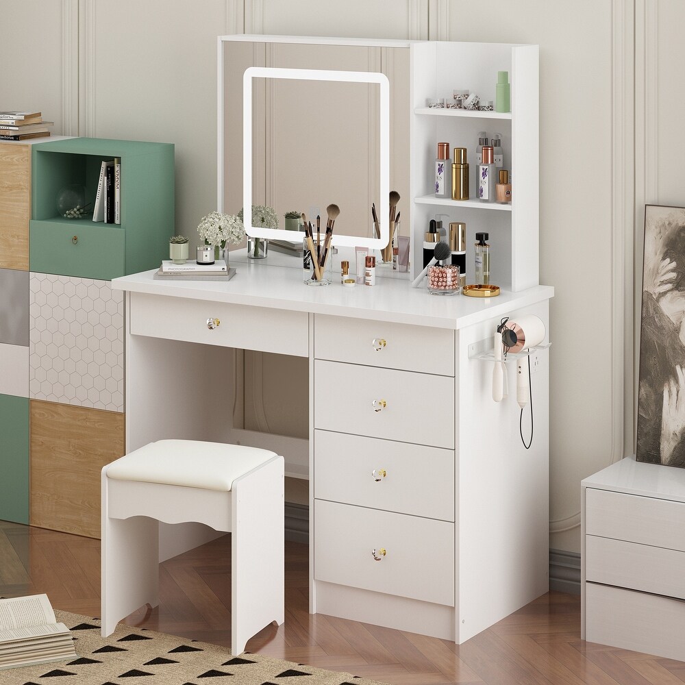 Vanity Desk Makeup Vanity Table Set Charging Station Dresser W/Bracket