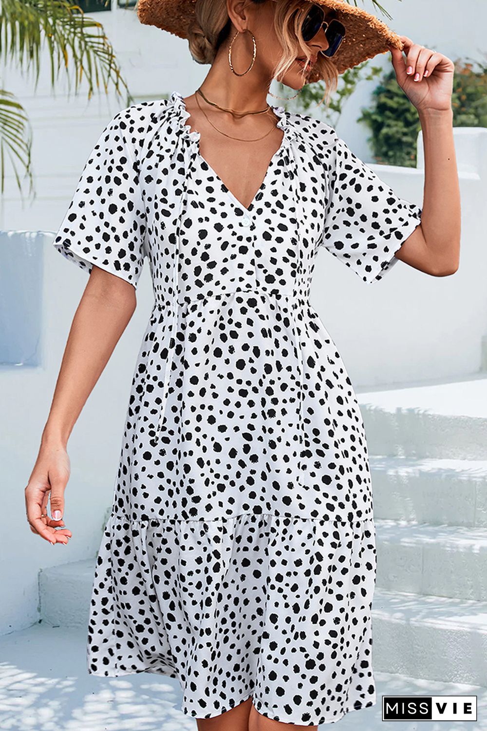 Ruffles Split Collar Leopard Print Button Shirt Dress