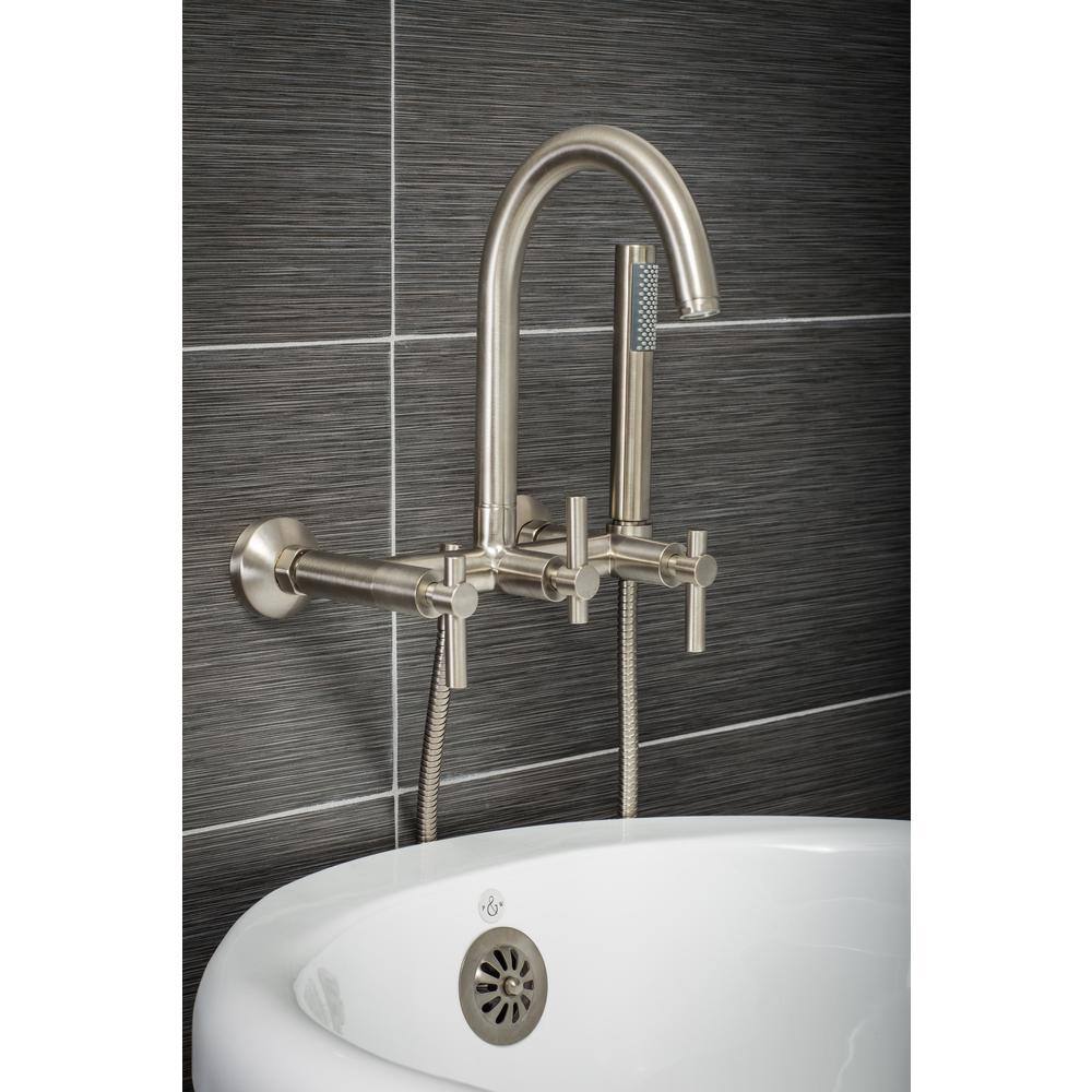 PELHAM  WHITE Modern 3-Handle Wall Mount Tub Faucet with Handshower and Hose Metal Levers in Brushed Nickel PW82410-L-BN