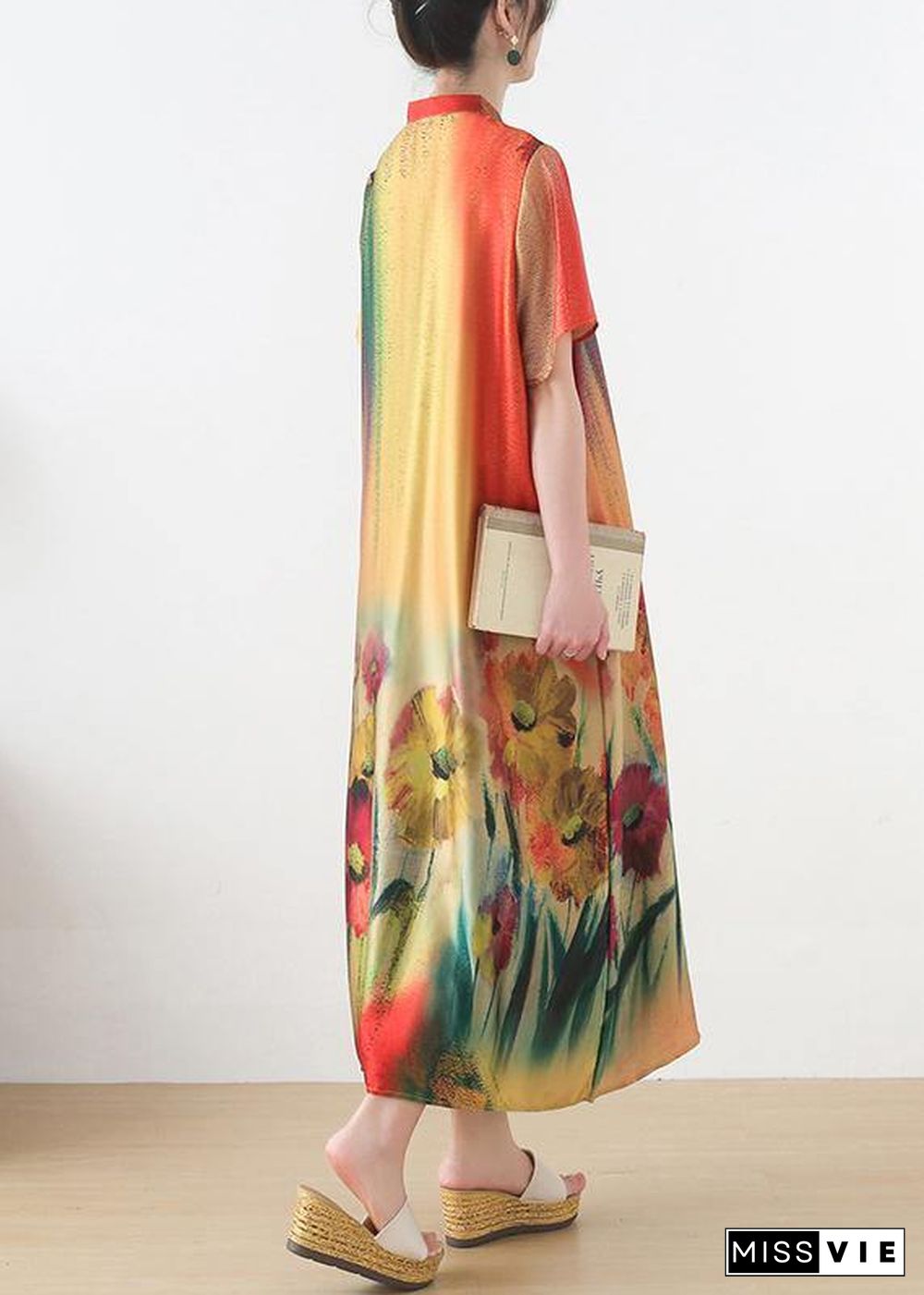 Simple Yellow Print Chiffon Tie Summer Robe Dresses