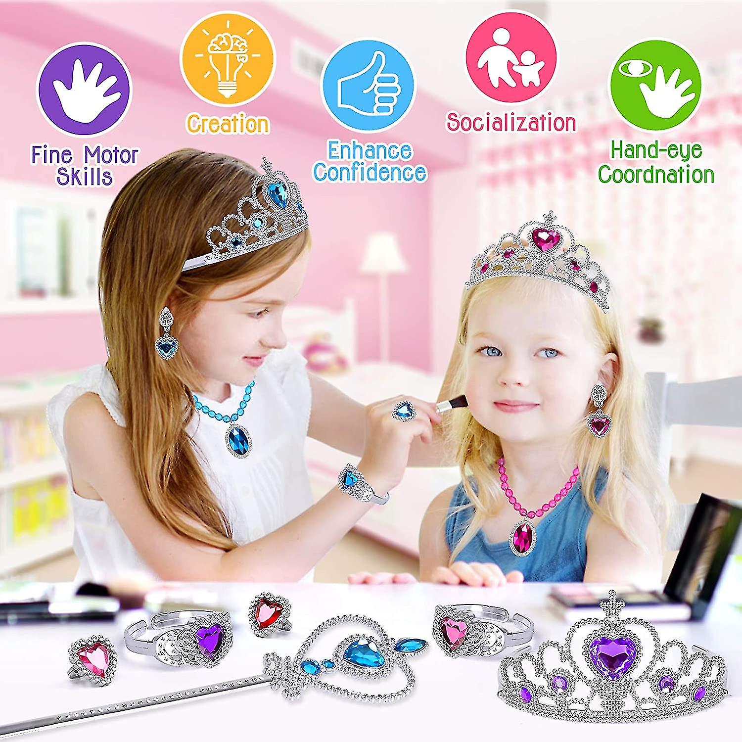 Princess Dress Up Accessories 9 Pcs Princess Jewelry Toys Girl Toys Princess Accessories For Girls Crown Bracelet Ring Earring Necklace Wand Crown Bir