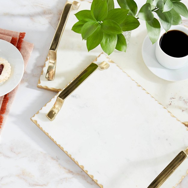 Set Of 2 Rectangular Marble Tray With Metal Handles Gold Olivia amp May