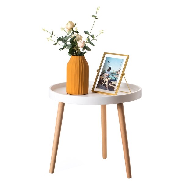 Modern Plastic Round Side Table Accent Coffee Table with Beech Wood Legs