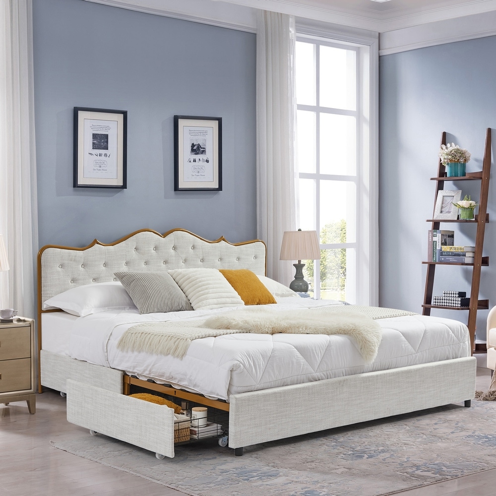 Metal frame sleeping bed with four storage drawer