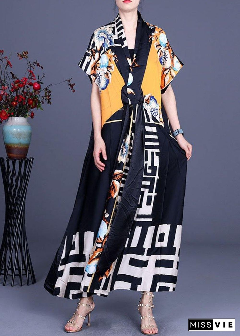 Comfy Black Print Patchwork Silk Robe Dresses Summer