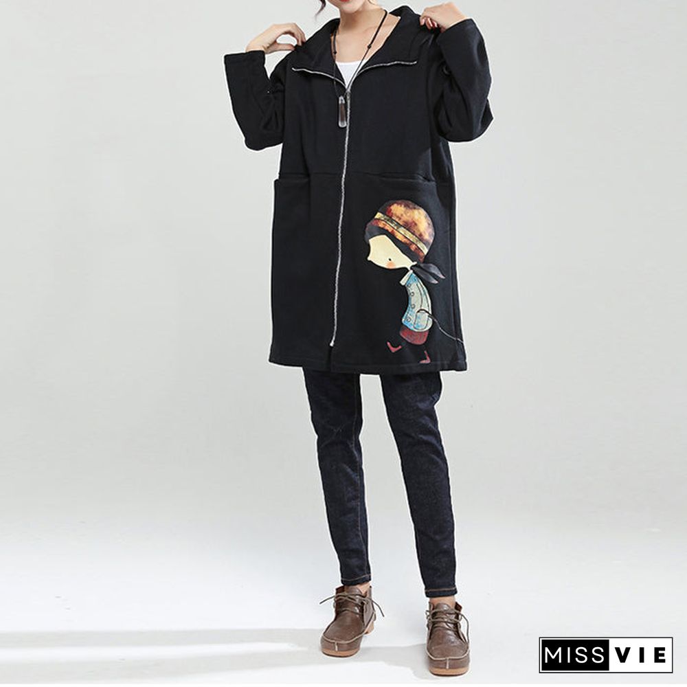 black winter thick cotton zippered cardigans plus size cartoon prints hooded trench coats