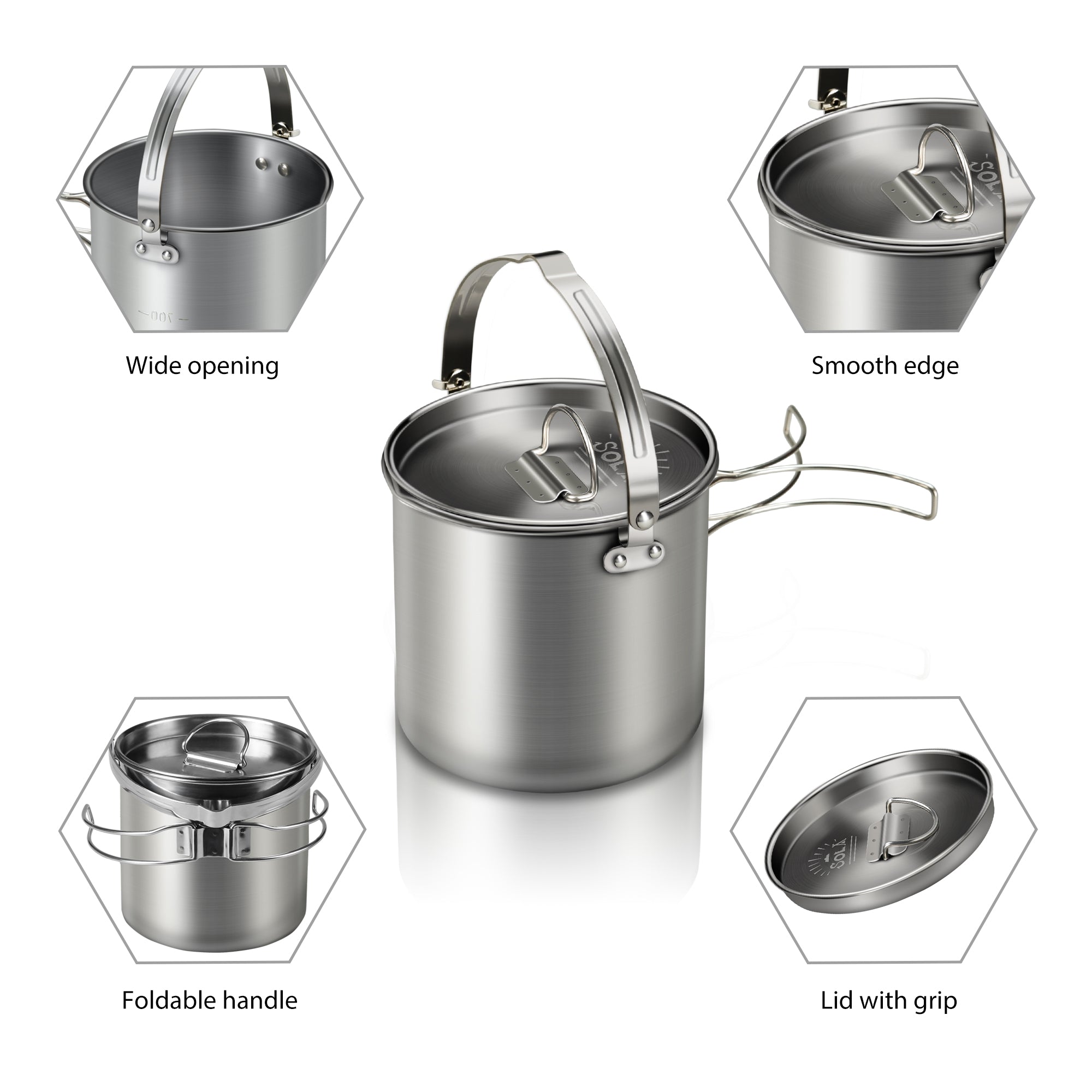 Tomfoto 5PCS Stainless Steel Kettle with 2 Cups 2 Bowls Foldable Handles Lid Large Capacity Portable Tea Coffee Water Cooking Pot for Camping Hiking Picnic Outdoors