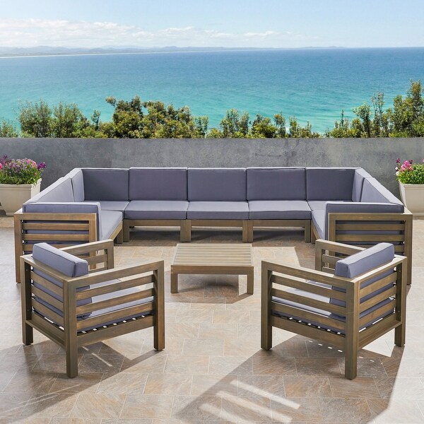 Oana Outdoor 11 Seater Acacia Wood Sectional Sofa and Club Chair Set by Christopher Knight Home