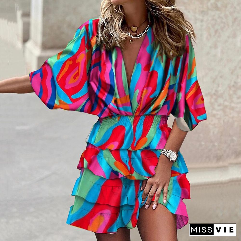 Women Deep V Button Print Loose Beach Dress Fashion Flared Sleeve Pleated Midi Party Dress Summer Casual Street Pullover Dresses