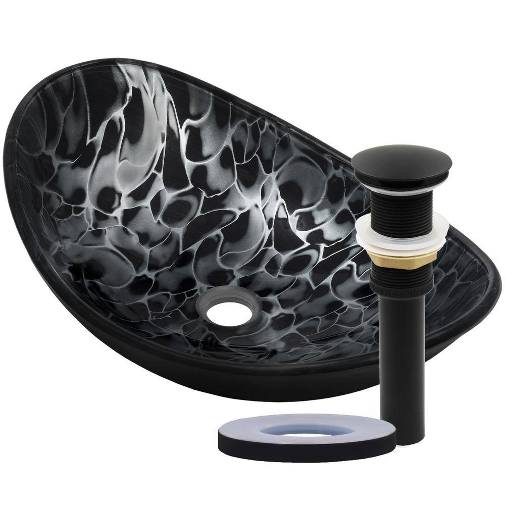 Novatto Tartaruga Oval Glass Vessel Sink in Painted Black with Drain and Assembly in Matte Black NOHP-G012-8031MB